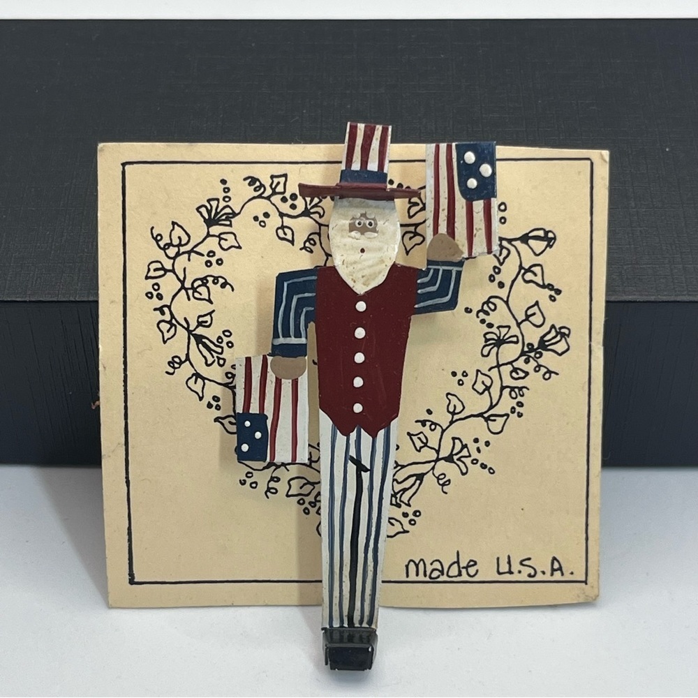 Patriotic Uncle Sam Folk Art Pin Brooch USA Fashion Jewelry 3"